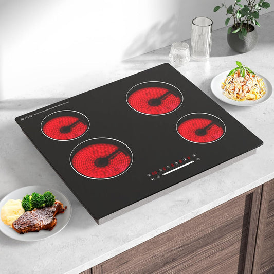 Keramische kookplaat, 60 cm, 4 branders, 6000 W touch-bediening met schuif, kookzones met een cirkel, zonder stekker, directe aansluiting, boring 560 × 490 mm