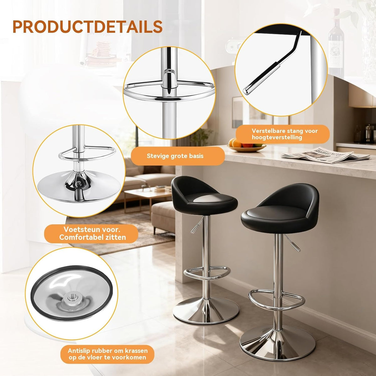 Set of 4 Bar Stools, Swivel and Height Adjustable Bar Stools with Low Backrest - QUORE