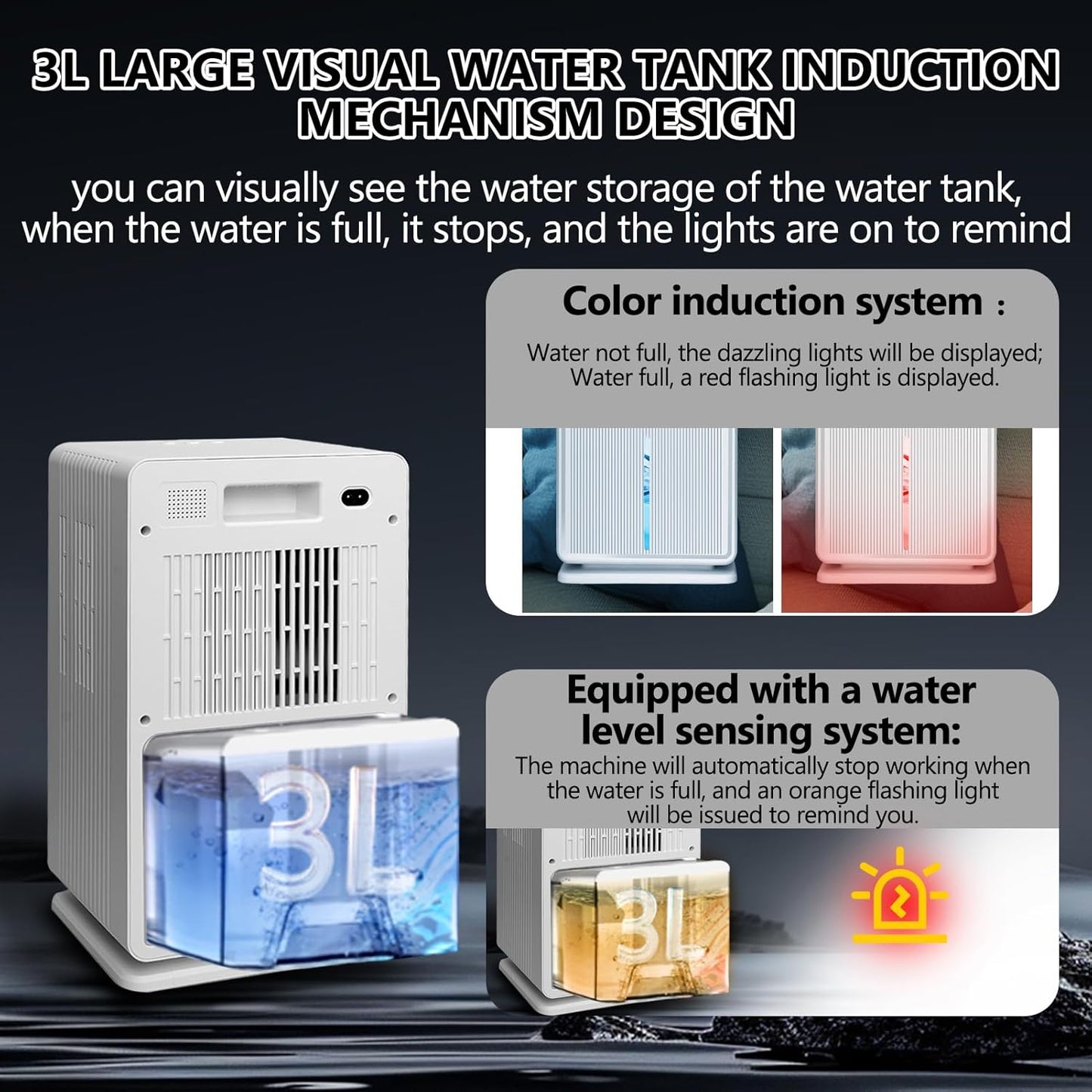 Elektrische luchtontvochtiger, 1 l/T (3 l watertank), luchtontvochtiger onder 40 dB met ontdooien, gekleurd nachtlampje voor 30 m²-70 m², woning, badkamer, kelder, wit