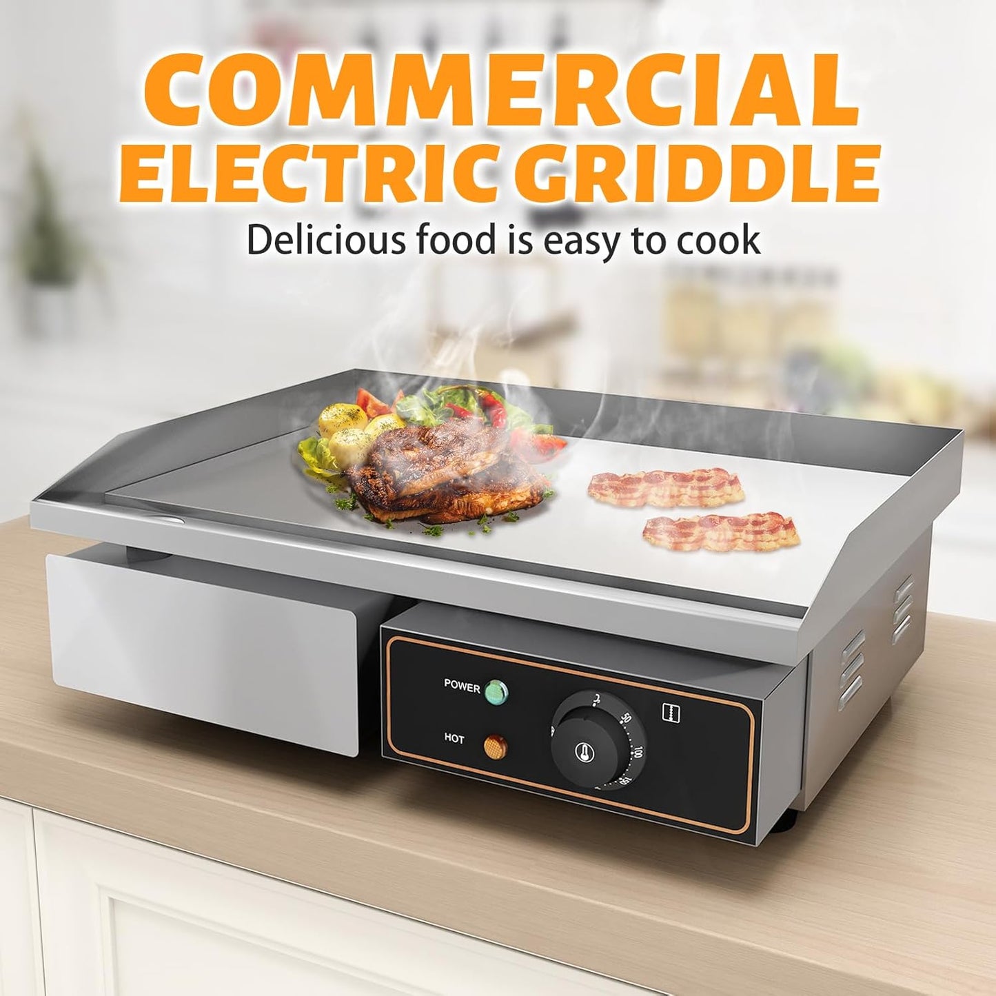 Elektrische grillplaat van gietijzer, 220-240 V, 3000 W, 55 cm × 35,5 cm, thermostaatbediening van 50 tot 300 °C, 18,5 kg spatbescherming, roestvrij staal