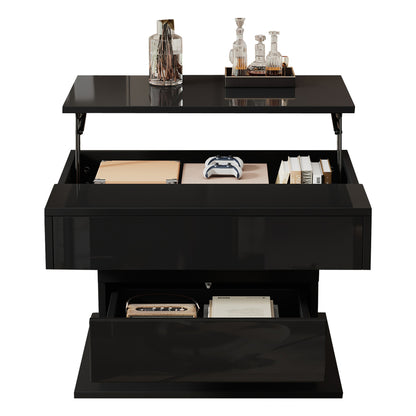 Geometric Coffee Table, 360° Rotating Top, Lift-Up Coffee Table with 1 Drawer, High-Gloss Living Room Table with Hidden Storage, Sofa Table, Side Table, Black