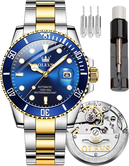 OLEVS Heren Horloge Grote Gezicht Datum Waterdicht Mechanisch Horloge Rvs Night Glow Luxe Volautomatische Mechanische Horloge