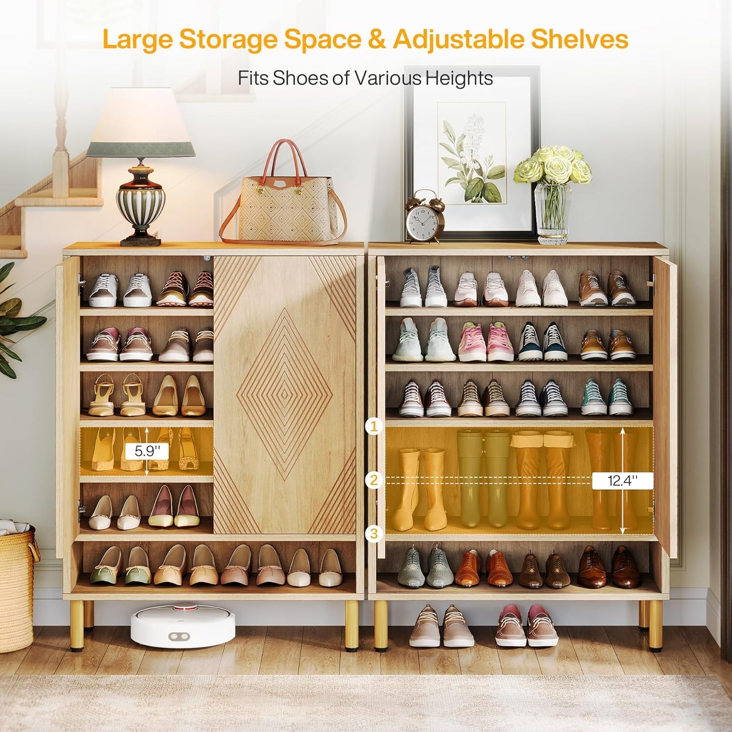 Schoenenkast – Schoenenrek – Schoenenopberger – Halkast – Schoenenbank – Smal Design – 25 Paar Schoenen – Houten Kast Met Goud Metalen Frame – 73x35x115 cm