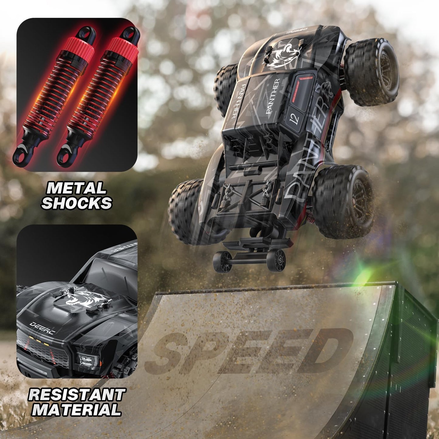 DEERC Op afstand bestuurde auto, 1:14, borstelloze motor, 75 km/u, 4WD RC monstertruck met gekleurd licht, 2 accu's, 2,4 GHz all-terrain raceauto, crawler speelgoed, cadeau voor kinderen