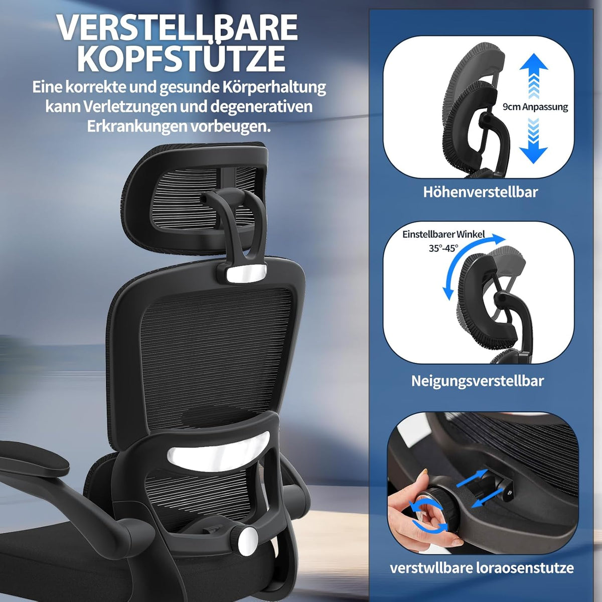 TRALT Bureaustoel, ergonomisch, bureaustoel met verstelbare lendensteun, hoofdsteun, gamingstoel, kantoorstoel, ergonomisch, 150 kg, voor grote mensen, zwart