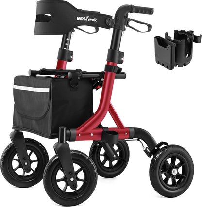 Rollator,Rollator lichtgewicht opvouwbare, buitenrollator met 25 cm grote rubberen niet-luchtbanden voor alle terreinen, geïntegreerde kabelrem, aluminium hoogteverstelbare (rood)