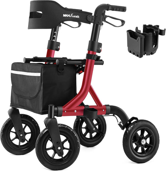 Rollator,Rollator lichtgewicht opvouwbare, buitenrollator met 25 cm grote rubberen niet-luchtbanden voor alle terreinen, geïntegreerde kabelrem, aluminium hoogteverstelbare (rood)