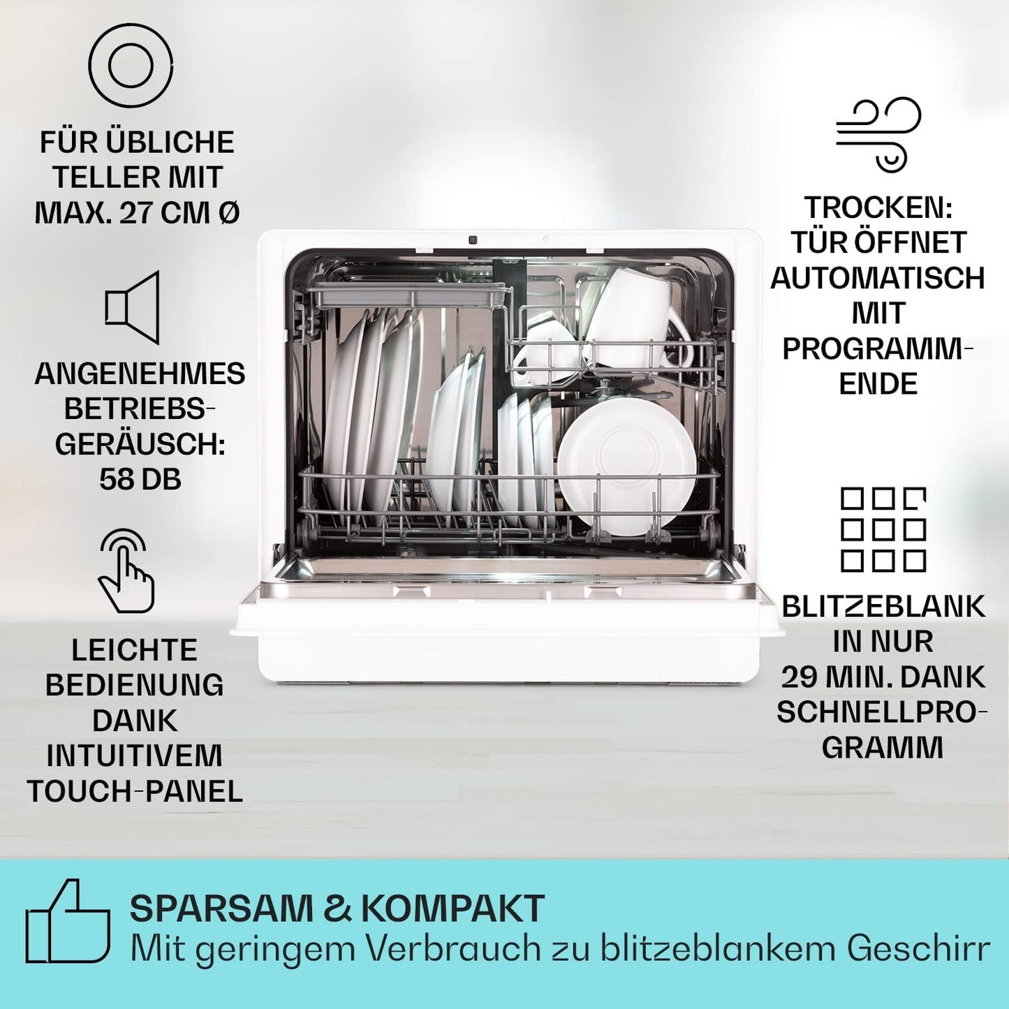 Klarstein Vaatwasser, 5 plafonds, vaatwasservrij, geluidsarm met 6 wasprogramma's, mini-vaatwasser, klein, compact en eenvoudig te installeren