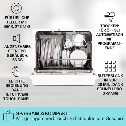 Klarstein Vaatwasser, 5 plafonds, vaatwasservrij, geluidsarm met 6 wasprogramma's, mini-vaatwasser, klein, compact en eenvoudig te installeren