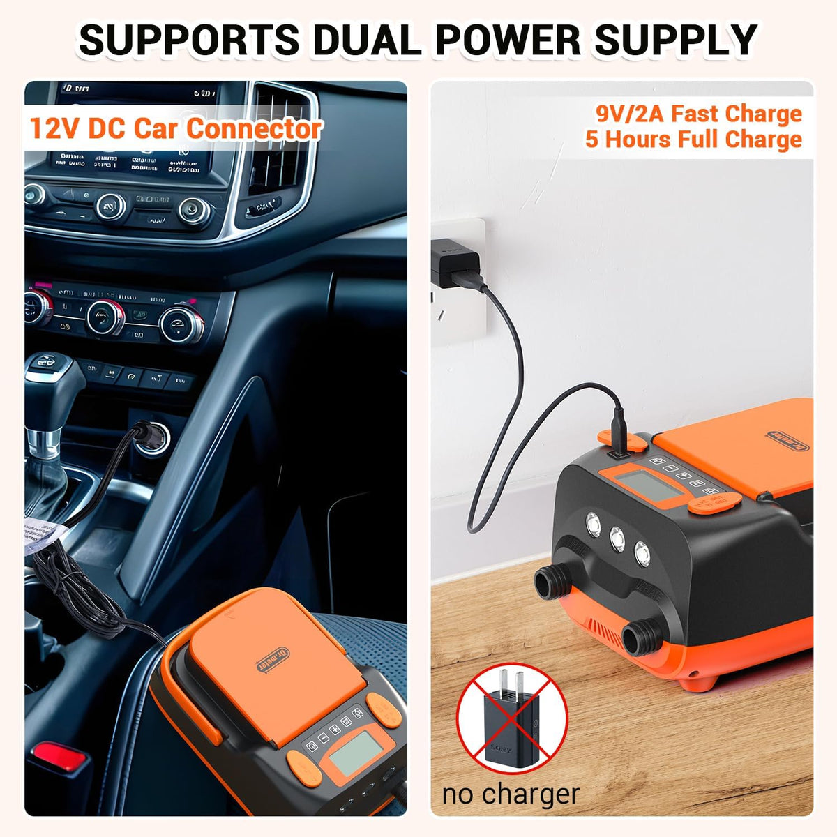 Dr.meter 6000 mAh oplaadbare elektrische SUP-pomp, SUP-pomp, elektrische accu met auto-off, kan 4 SUP's oppompen, 2 USB-aansluitingen en 3 LED-lampjes voor SUP-boards, boten, tenten, kajak