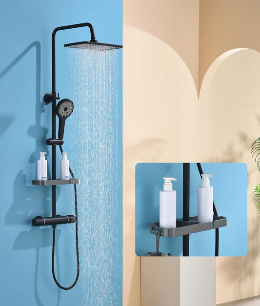 Thermostatisch Douche Systeem – Douche Set – Regendouche – Handdouche – Douchestang – Mat Zwart – Instelbare 38-48°C Temperatuur – 360° Draaibare Regendouche 30x20 cm