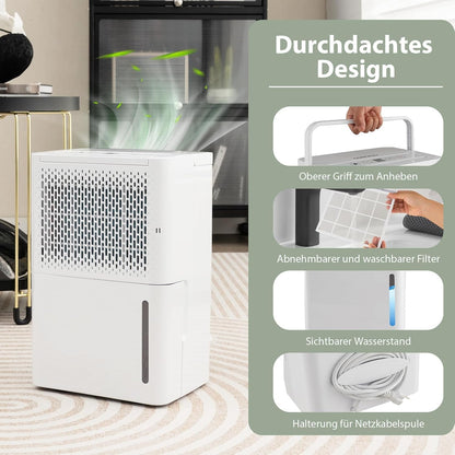 FANTASK 12L/dag luchtontvochtiger, kamergrootte ca. 15 m², elektrische ontvochtiger met 3 modi, waterreservoir van 2,2 liter, 24-uurs timer, ≤ 42 dB, automatisch ontdooien en uitschakelen, wit