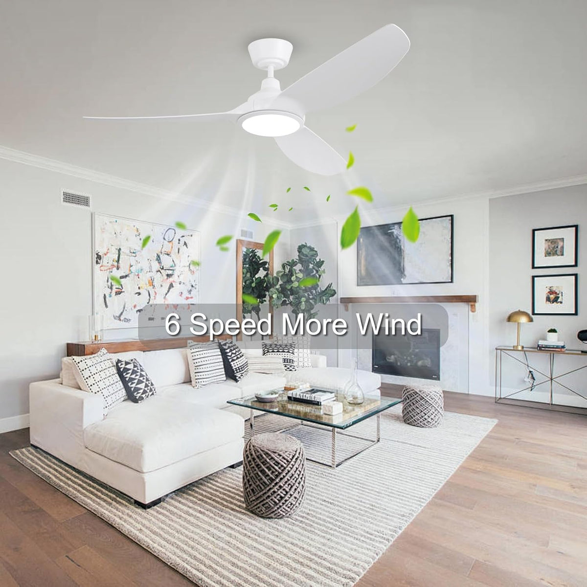 Ovlaim Plafondventilator, 132 cm, met kunststof bladen en ledverlichting, incl. afstandsbediening, DC-energiebesparende motor, ultralicht, voor zomer en winter, wit [energieklasse D].