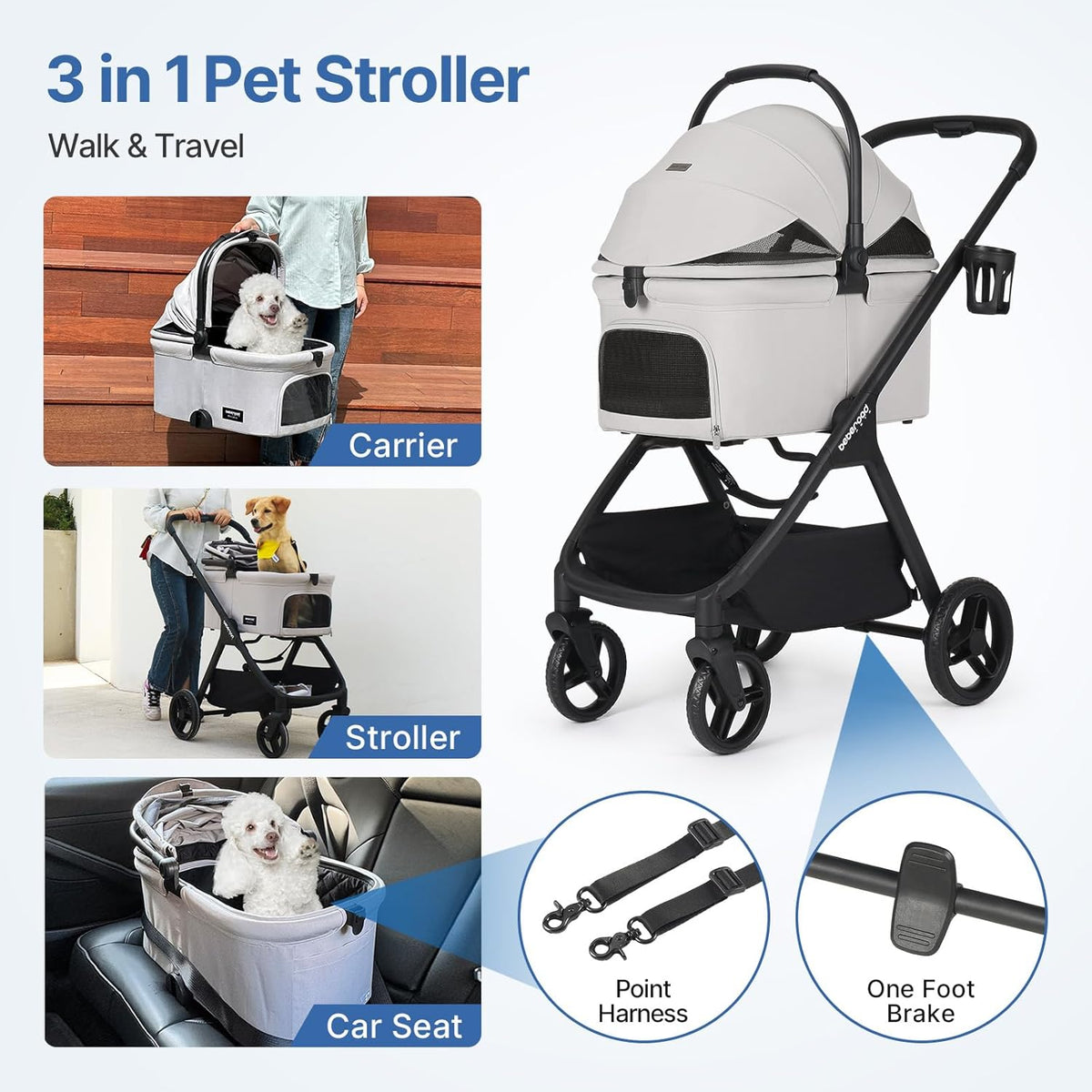 Beberoad Pets X-5 Huisdierbuggy voor middelgrote honden onder 25 kg of 2 kleine honden en katten, inklapbaar en met draagtas, afneembare grijze kap en bekerhouder (grijs, X5)
