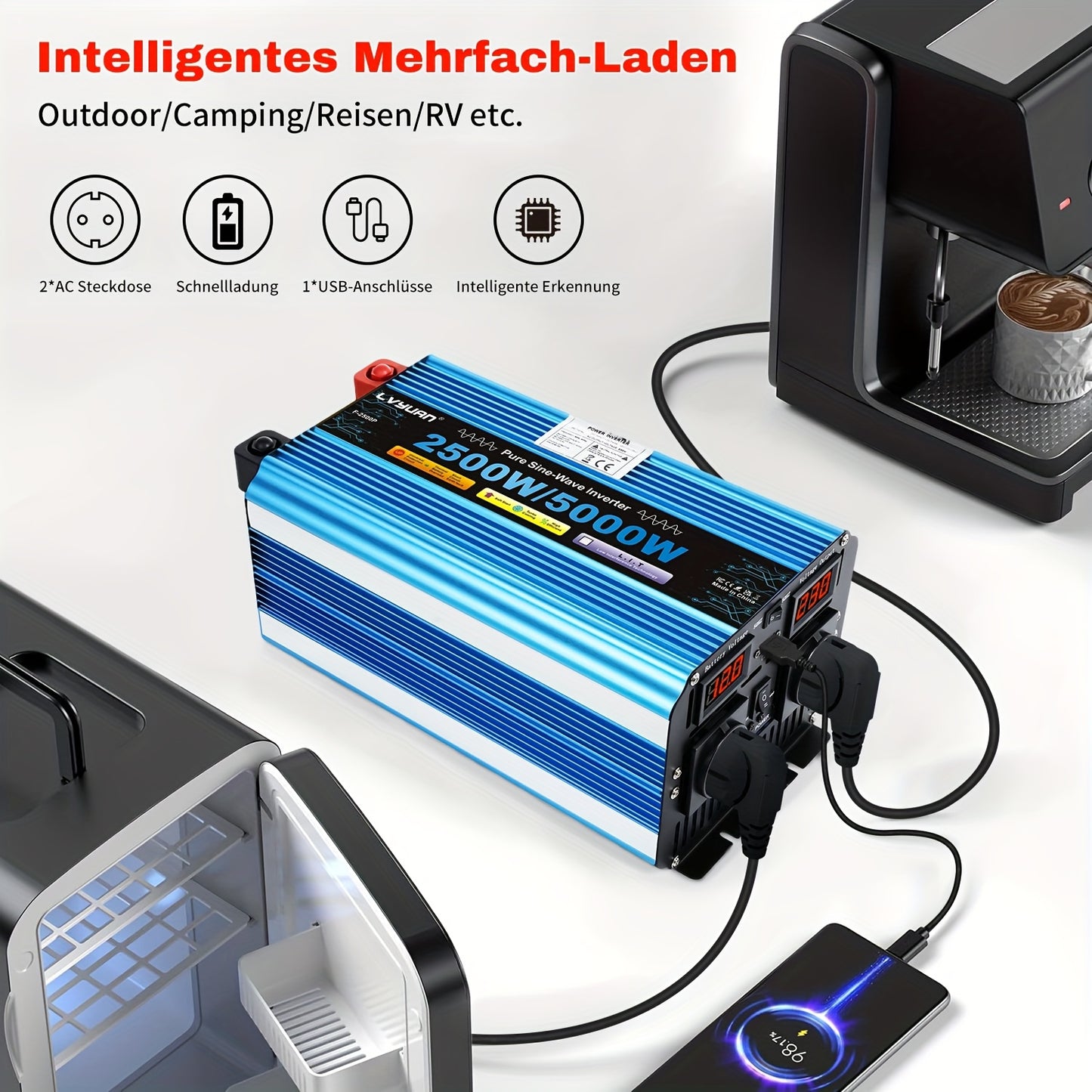 Zuivere Sinus Omvormer – Stroomomzetter – Spanning Converter – DC naar AC Inverter – Autoinverter 12V 2500W – LED Display – 2 Stopcontacten & USB Poorten