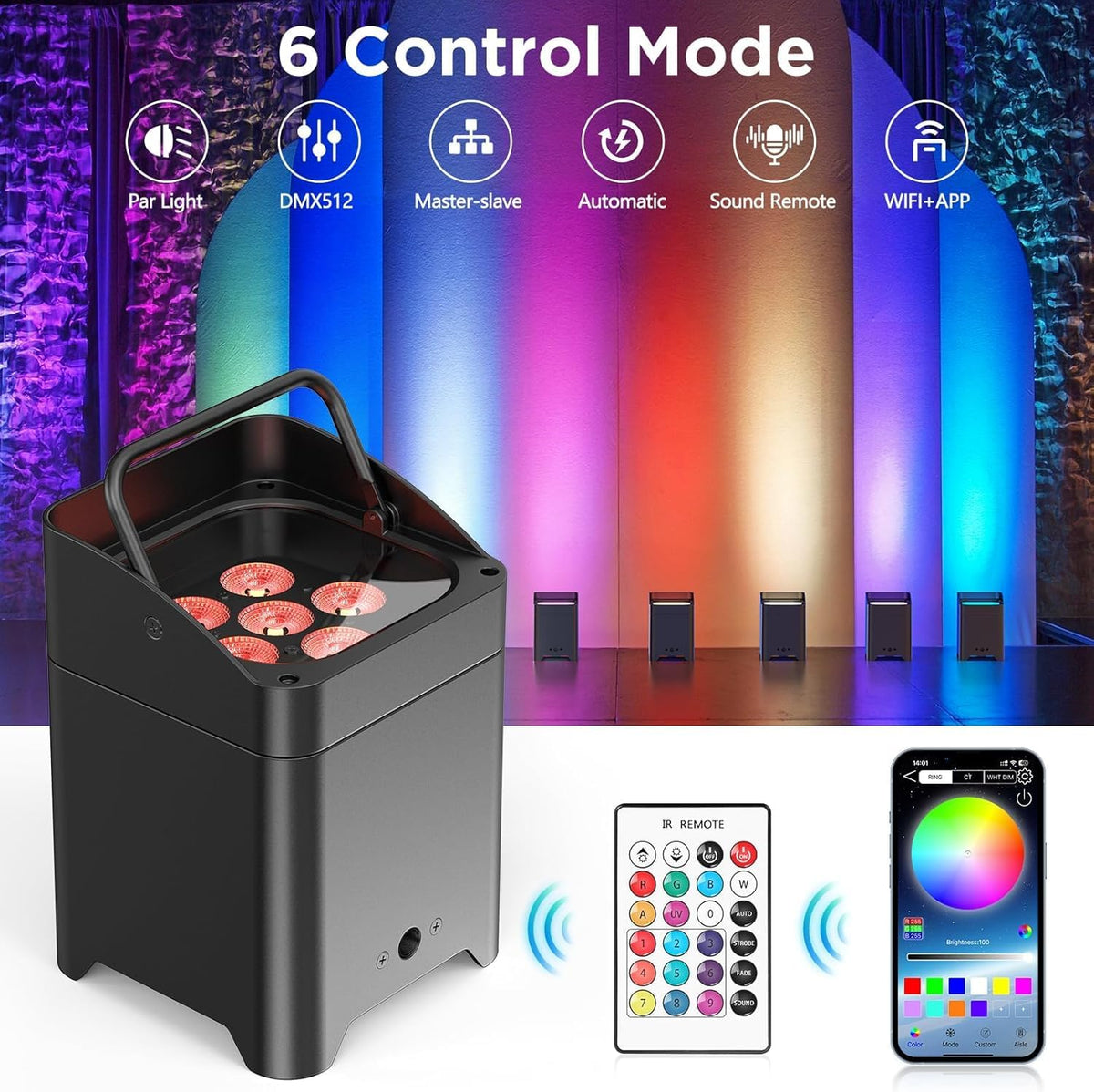 Led-spots, accu, 4 stuks, 108 W, RGBWA-UV podiumverlichting met app-bediening, led-par accu met DMX en afstandsbediening voor party, club, bar, Halloween, Kerstmis