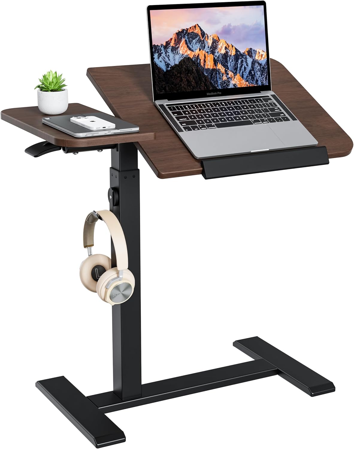 ETHU Overbedtafel met in hoogte verstelbaar, 67-101 cm pneumatische lift mobiel bureau met wielen, 20 kg laadvermogen, rollend laptopbureau voor nachtkastje, bank en thuiskantoor (donkerbruin)