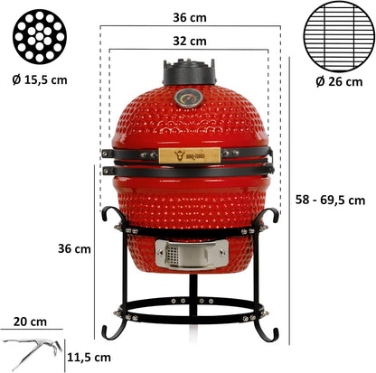 bbq-Toro Kamado Hairo Red Charcoal Barbecue 32 cm Diameter Mini Grill with Thermometer and Wooden Handles Round Ceramic Grill Ceramic Grill Smoker - QUORE