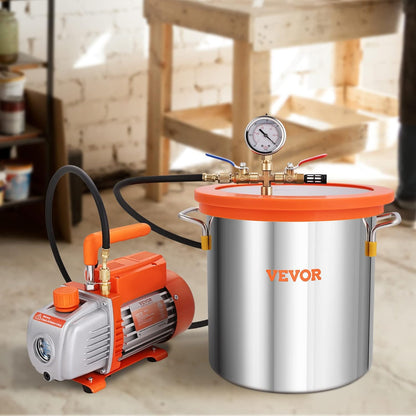 VEVOR Eentraps vacuümpompset, snelheid: 1440 omw/min, inhoud vacuümkamer 19 l, pompset met vacuümkamer, glazen deksel, vermogen 150 W, afmetingen 29 x 12 x 22 cm, luchtverplaatsing 100 l/min