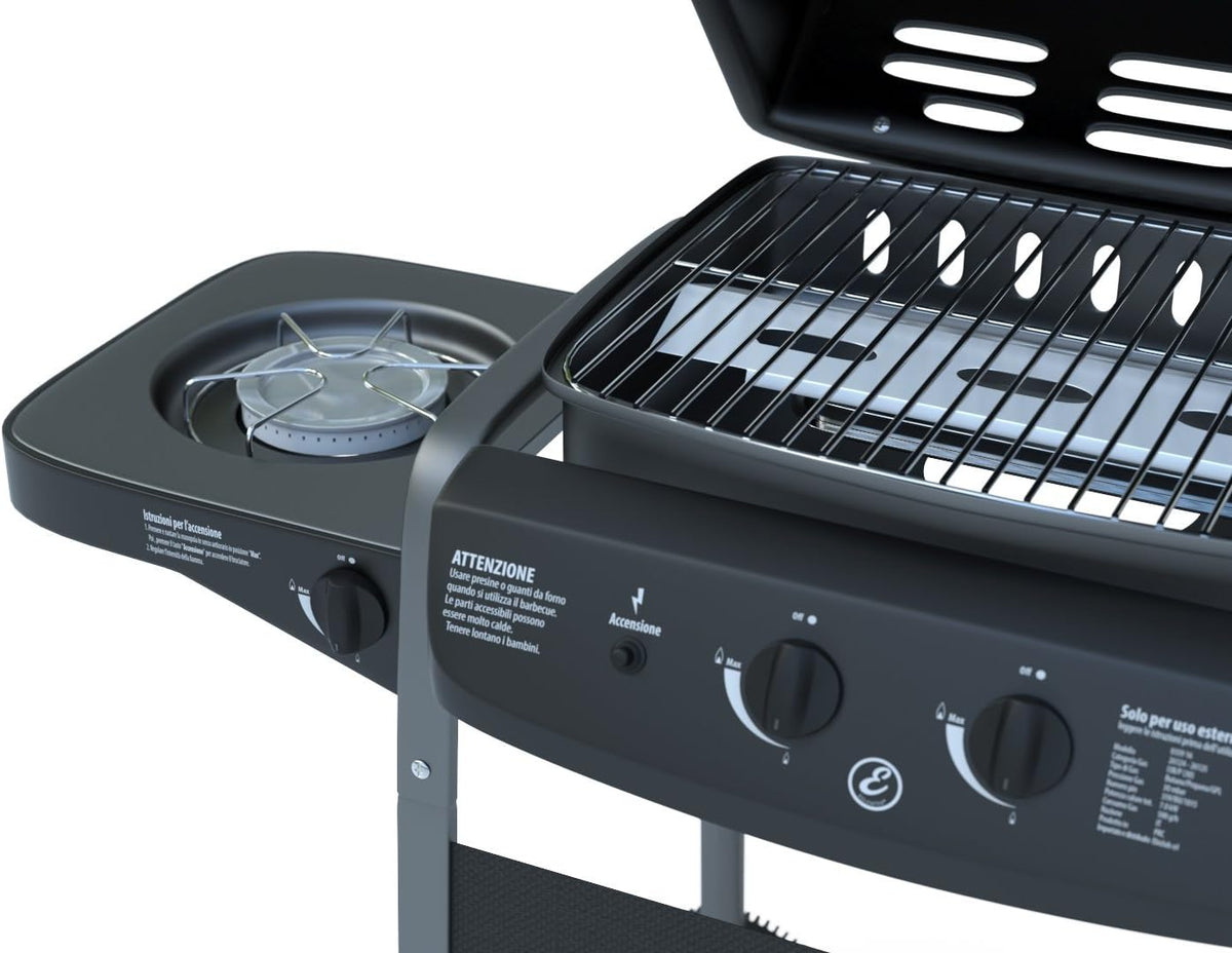 BBQ gasbarbecue met thermometer, zijbrander, voor tuin, picnic en terrazzo - staal zwart gelakt en ABS - (112 x 52,5 x 96.5 cm)