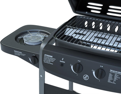 BBQ gasbarbecue met thermometer, zijbrander, voor tuin, picnic en terrazzo - staal zwart gelakt en ABS - (112 x 52,5 x 96.5 cm)