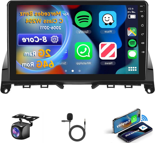 8 CORE 2G+64G Car Radio Android 13 for Mercedes Benz C Classe W204 S204 2006-2011, 9 Inch HD IPS Touch Screen Radio with DSP Wireless Carplay Android Car GPS Wi-Fi Bluetooth 5.0 FM RDS Radio Camera - QUORE