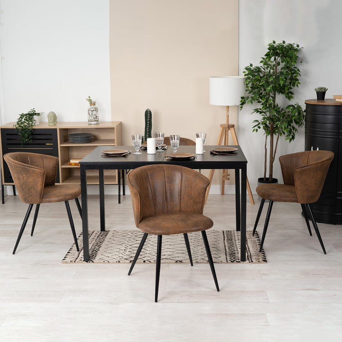 MEUBLE COSY Eetkamerstoelen, set van 4 keukenstoelen, retro, gestoffeerd, met armleuning, vintage kunstsuède zitting, metalen poten, bruin, 55x58x75,5cm