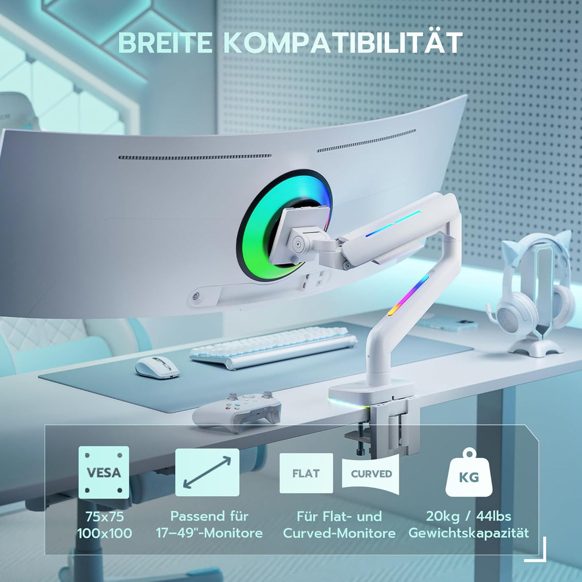 RGB Monitorarm Wit – Monitorhouder – Monitorbeugel – Bureausteun – Schermarm – Geschikt voor 17 Tot 49 Inch – 20 RGB Modi