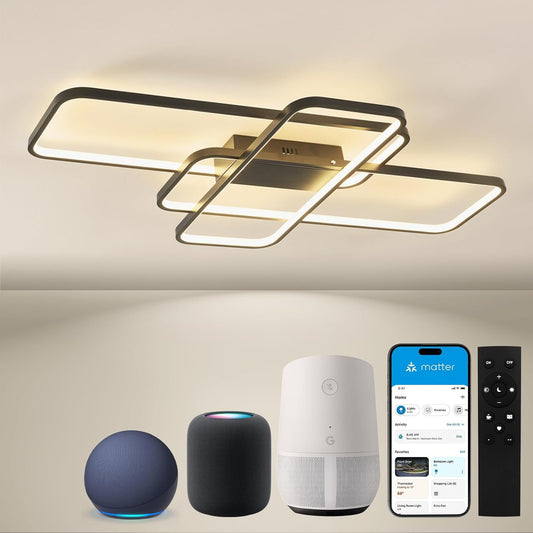 Dimbare led-plafondlamp met materiaal, 80 W, 9600 lm, compatibel met HomeKit, Alexa, Google en IFTTT, geometrische plafondlamp voor woonkamer, slaapkamer, zwart (105 H x 60 W).