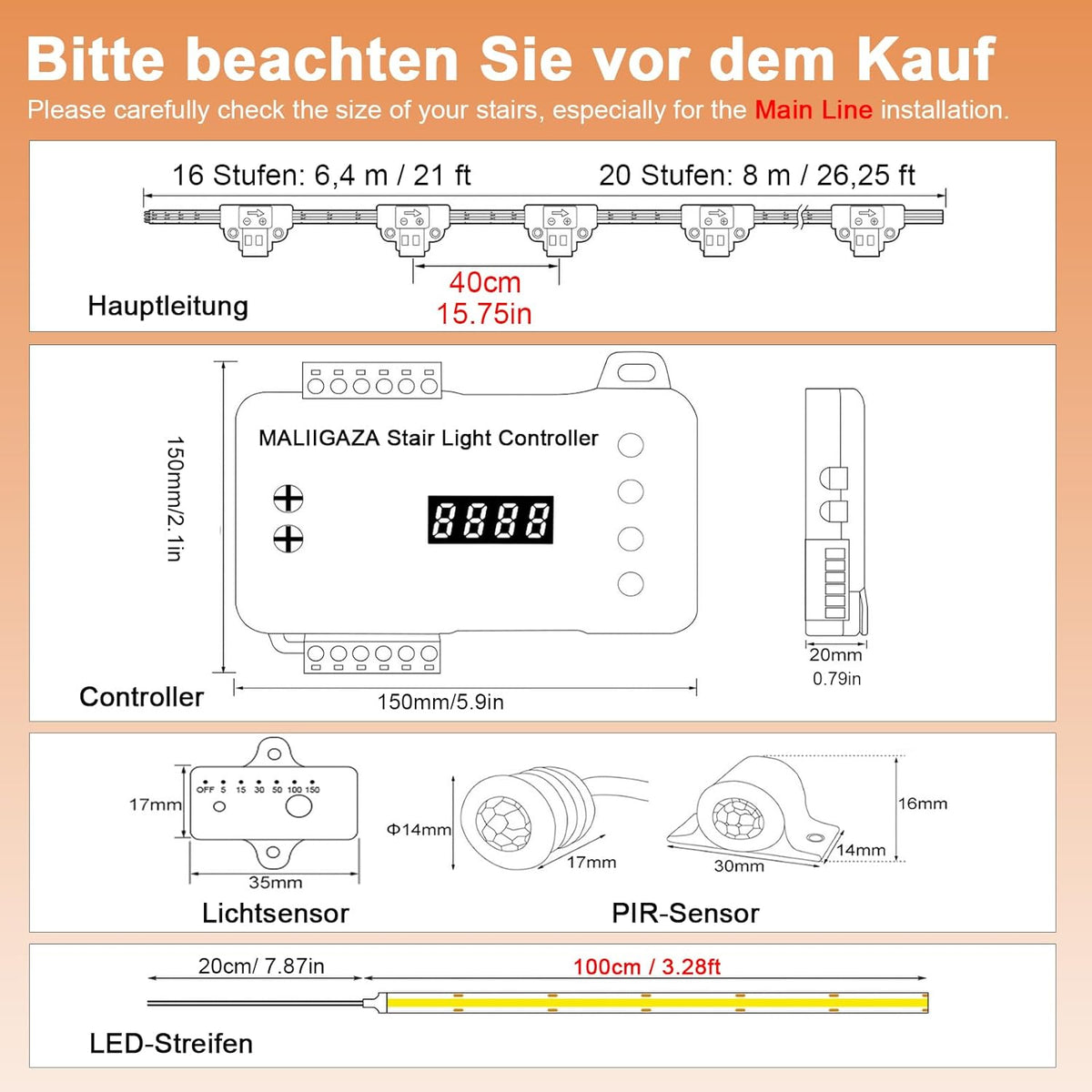 Intelligente Trapverlichting Bewegingssensor 20 Treden Koud Wit 6000K COB LED Trapverlichting Slim Traplicht met Licht Sensor PIR en Instelbare Helderheid