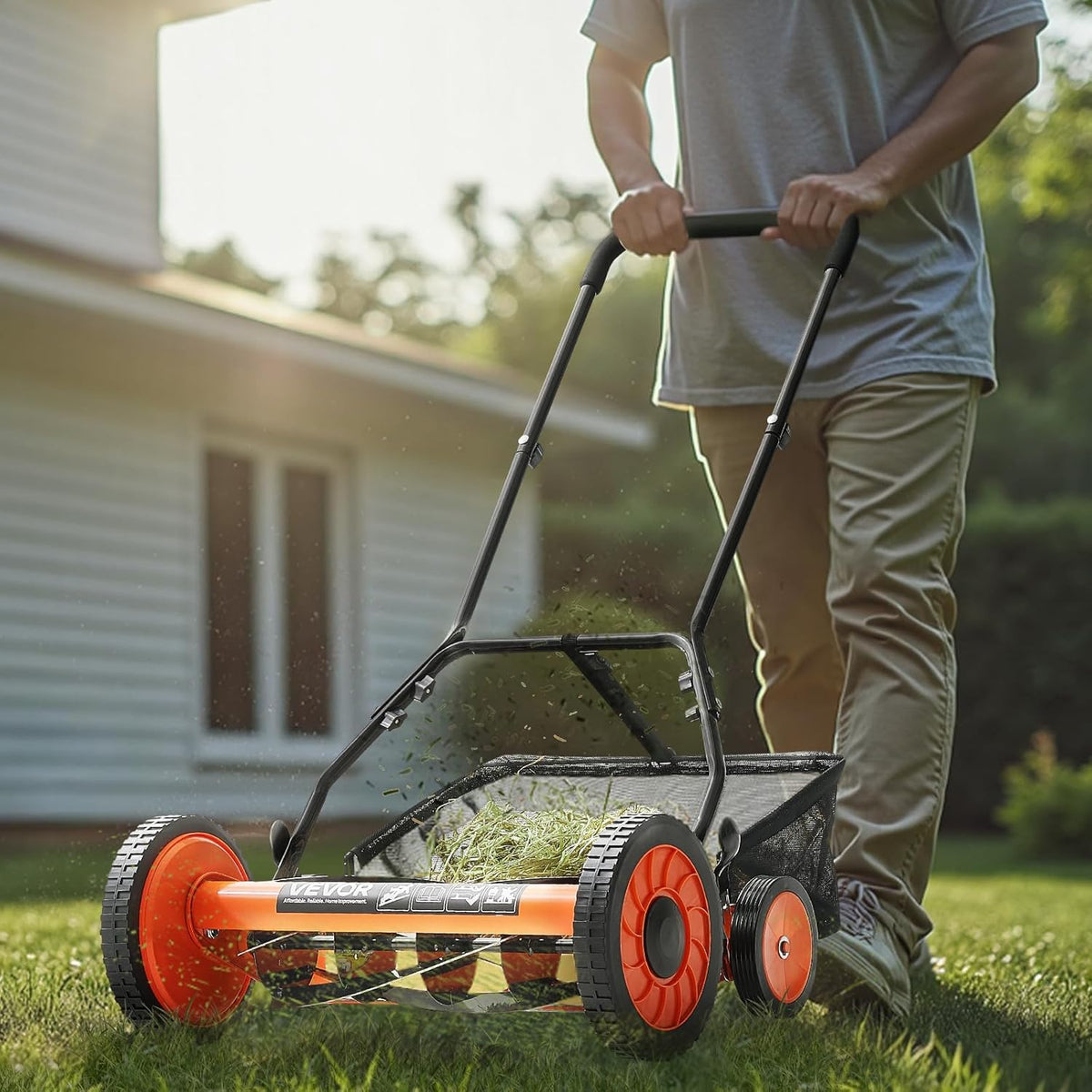 VEVOR Duwhaspel grasmaaier 45,7 cm, 5 messen handmatige duwmaaier zonder motor, 3,5-6,2 cm verstelbare maaihoogte, achterloopgrasmaaiers met grasopvangzak voor groene gazons, opritten, binnenplaatsen