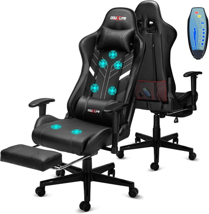 Douxlife Gaming Stoel, met 7-punts Massage, Ergonomische bureaustoel met Voetensteun, 90-175° Rugleuning Instelbaar, Verstelbare 2D-Armleuning, PC-gamerstoel, Bureaustoel, 180 kg, Diepzwart
