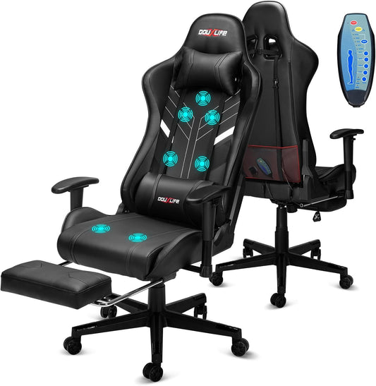 Douxlife Gaming Stoel, met 7-punts Massage, Ergonomische bureaustoel met Voetensteun, 90-175° Rugleuning Instelbaar, Verstelbare 2D-Armleuning, PC-gamerstoel, Bureaustoel, 180 kg, Diepzwart