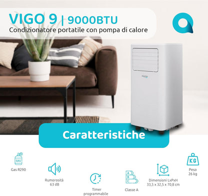 Vigo 9 Draagbare airconditioner, 9000 BTU, met warmtepomp en luchtontvochtiger, R290-gas, geavanceerde functies, draadloze lcd-afstandsbediening, programmeerbare timer en wielen, 63 dB