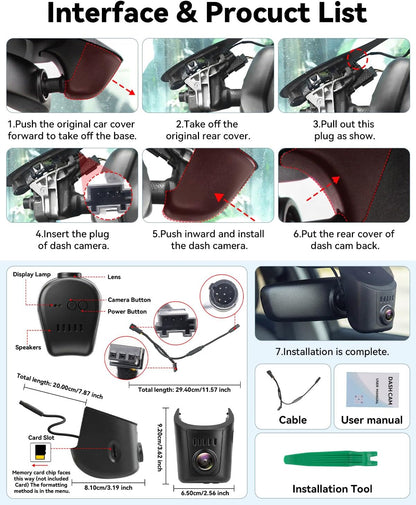SIXWIN 4K dashcam, compatibel met Audi A4, A6, A3, A5, Q5, S4, S6, Q7, A8, S8, TT, A7, S5, Q3, S3, S7, RS3, RS5, RS6, e-tron, UHD 2160P wifi en app, autocamera, nachtzicht, G-sensor, loop-opname, 150°