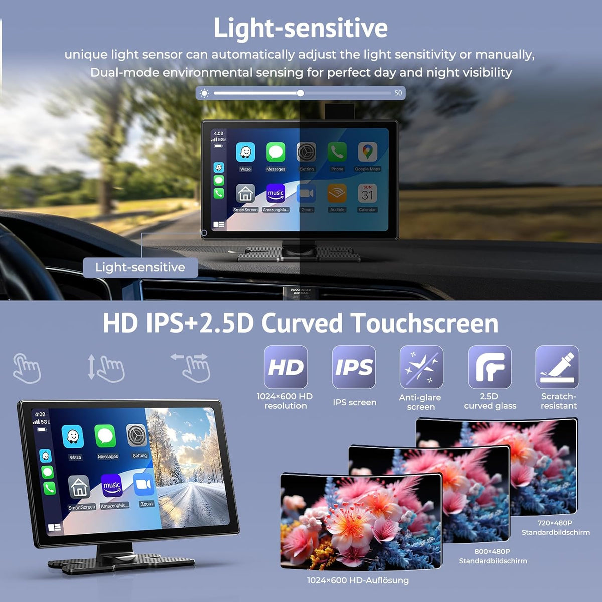 CarPlay Draagbaar autoscherm, IPS HD, 9 inch, draadloos CarPlay en Android Auto Touchscreen met SuperLink camera, 4K achteruitrijcamera, 1080p gesp opname