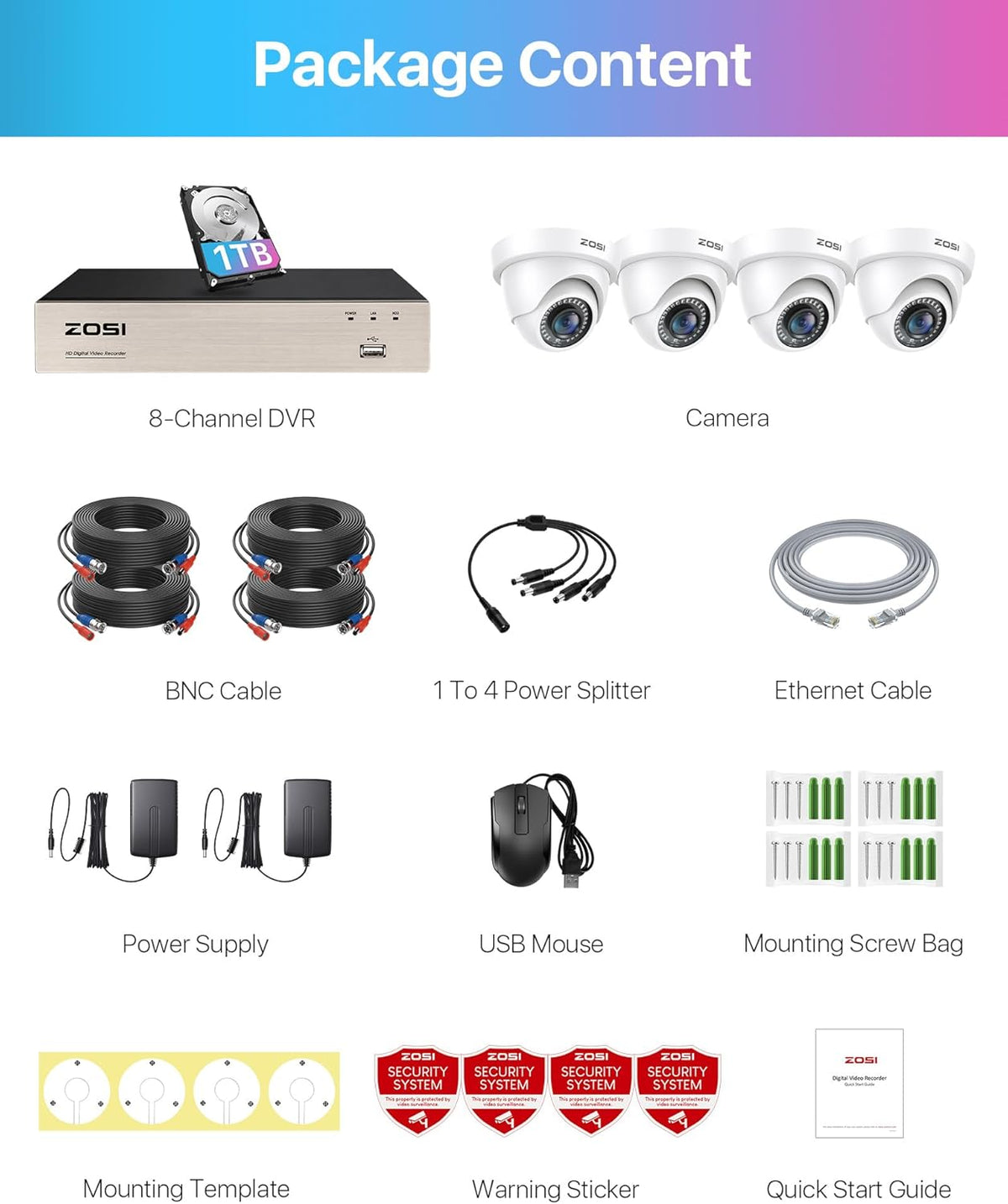 ZOSI Full HD 1080P Video Bewakingssysteem voor Buiten 8CH H.265+ DVR Recorder met 1TB Harde Schijf en 4x 2MP 1080P Dome Bewakingscamera Set 24m IR Nachtzicht