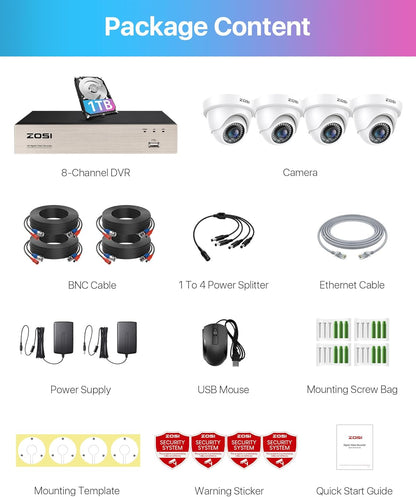 ZOSI Full HD 1080P Video Bewakingssysteem voor Buiten 8CH H.265+ DVR Recorder met 1TB Harde Schijf en 4x 2MP 1080P Dome Bewakingscamera Set 24m IR Nachtzicht