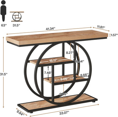 Tribesigns Console Table 105cm with 4 Levels, Narrow Industrial Sofa Table with Round Metal Frame, Wooden Entrance Table with Storage Racks for Living Room (Light Brown)
