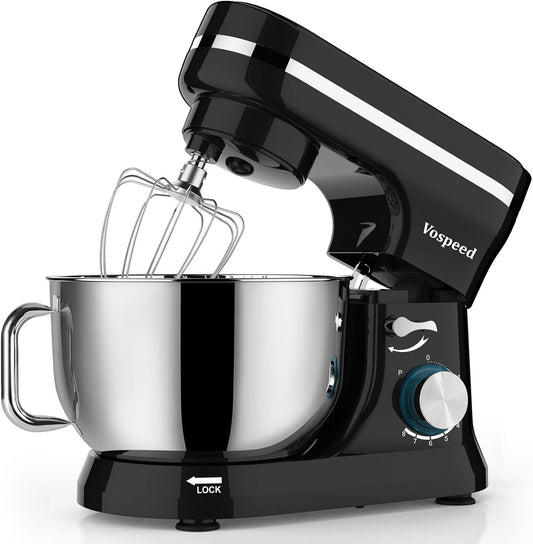 Planetaria Vospeed kneedmachine, 1000 W, 5QT keukenmachine met garde, deeghaak, garde voor cake, kom van roestvrij staal, spatdeksel (zwart)