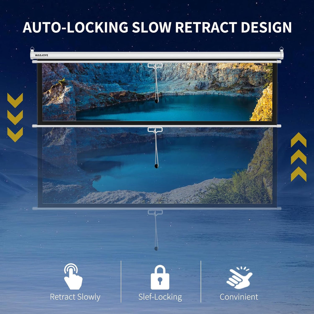 WASJOYE Handmatig projectiescherm met universeel 100 inch oprolbaar handmatig projectiescherm met automatische vergrendeling, instelbare schermhoogte, maskerrand