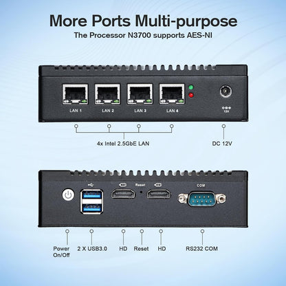 Firewall Mini-pc, 4 x Intel i225 2,5 GB NIC's, Intel Pentium N3700, 8 GB DDR3, 128 GB mSATA SSD Firewall Micro Appliance, Dual HDMI/USB3.0/RS232 COM, ondersteunt AES NI, compatibel met