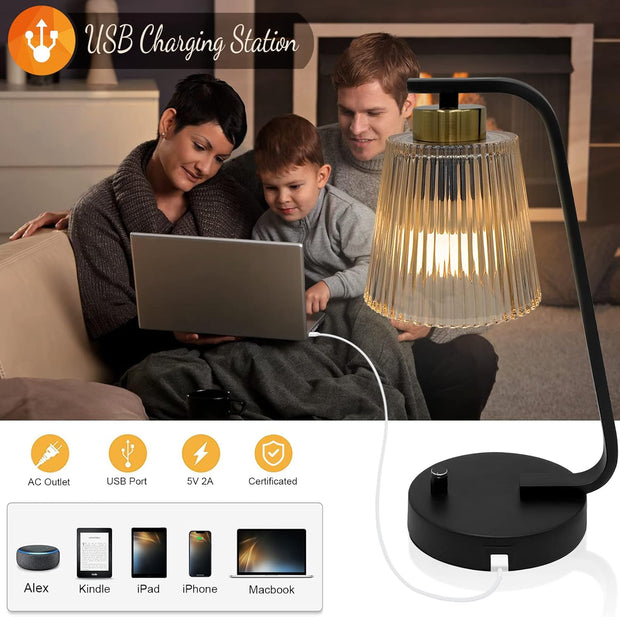 Tafellamp - Tafellampen - 2 Stuks - Bedlampje - Vintage Stijl - Nachttafellamp - met Traploos Dimbaar - USB-Poort - 5V&2A -  Industrieel Bureaulamp - Amberkleurige Lampenkap - voor Slaapkamer - Woonkamer - Lezen Kantoor - IJzer - 14 x 34.5 cm - Zwart