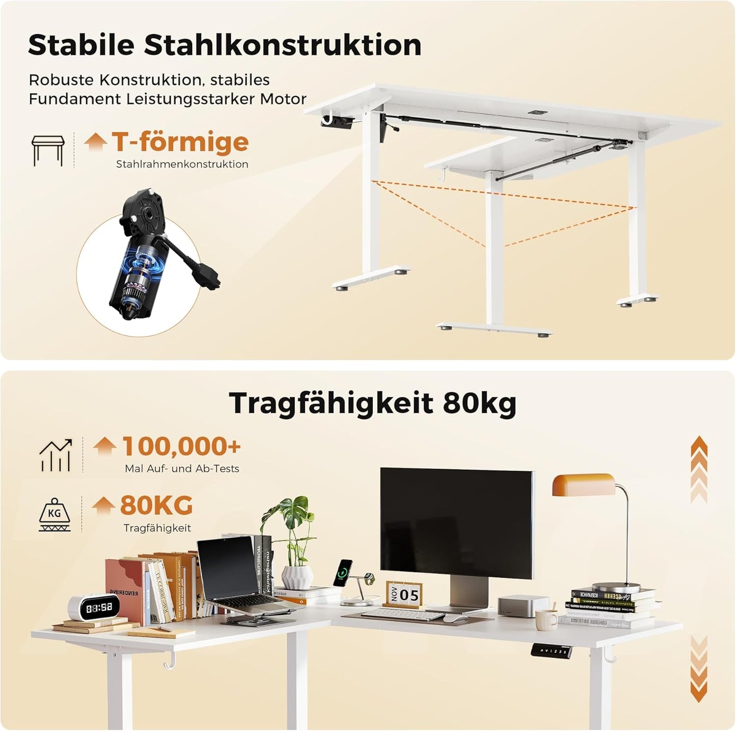Agilestic L-vormig in hoogte verstelbaar bureau, 160 x 140 cm, bureau in hoogte verstelbaar elektrisch, hoekbureau ergonomisch zit-sta tafel computerbureau, wit