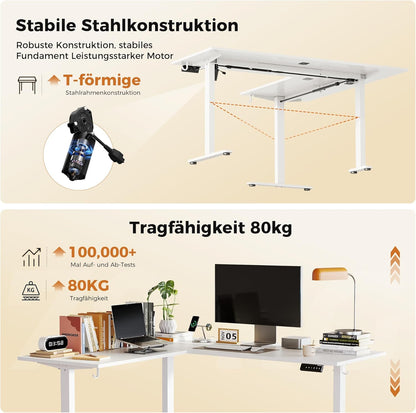 Agilestic L-vormig in hoogte verstelbaar bureau, 160 x 140 cm, bureau in hoogte verstelbaar elektrisch, hoekbureau ergonomisch zit-sta tafel computerbureau, wit