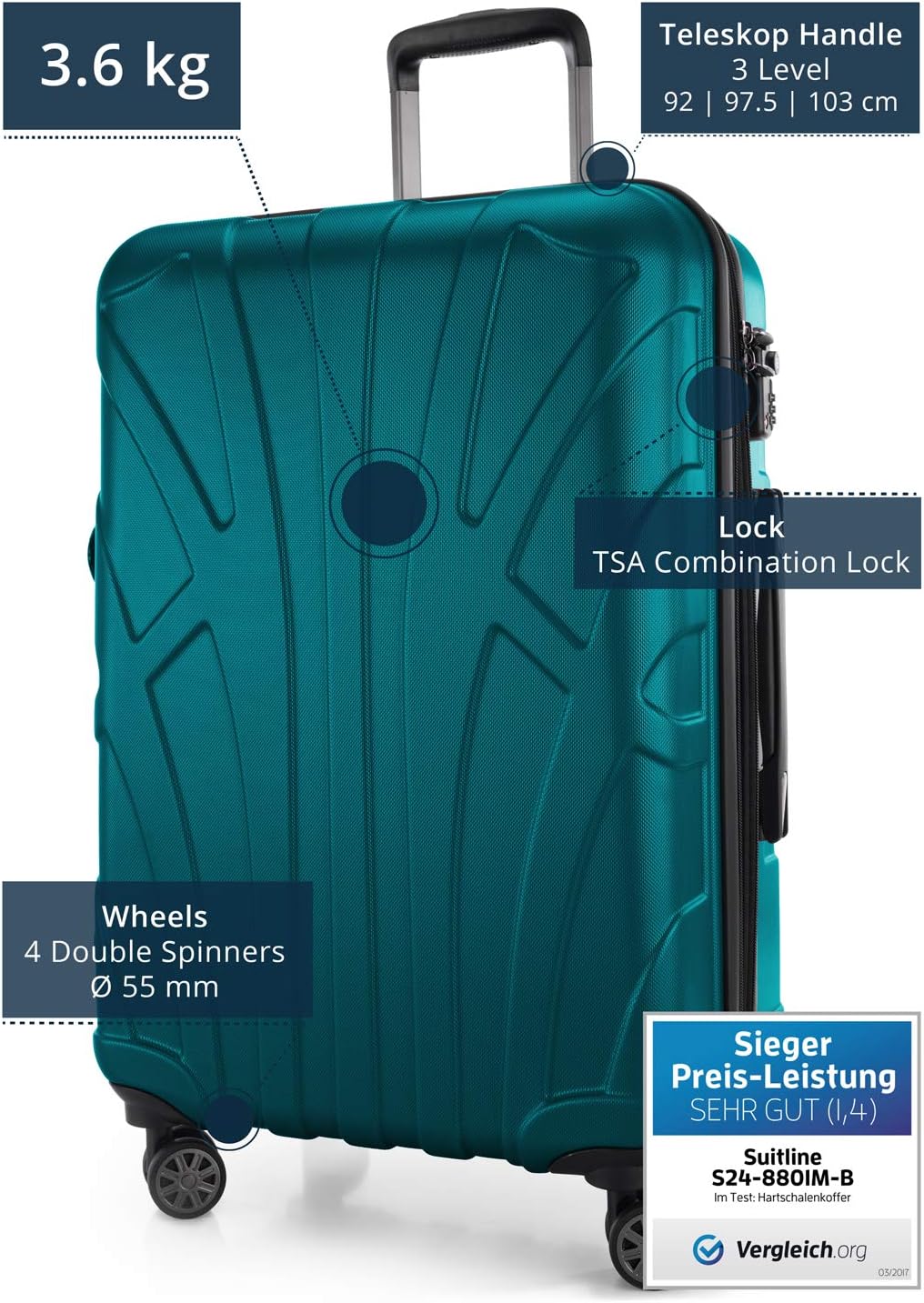 Suitline Middelgrote koffer 66 x 44 x 27 cm ABS harde schaal uitbreidbaar (58-68 L) met TSA slot 4 dubbele wielen telescopische handgreep reiskoffer, Wit