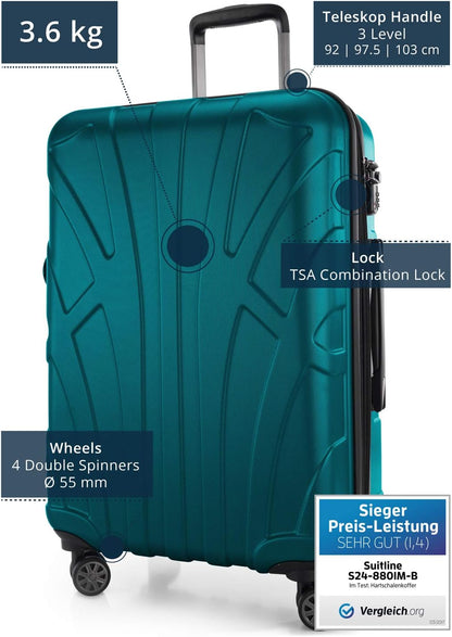 Suitline Middelgrote koffer 66 x 44 x 27 cm ABS harde schaal uitbreidbaar (58-68 L) met TSA slot 4 dubbele wielen telescopische handgreep reiskoffer, Wit