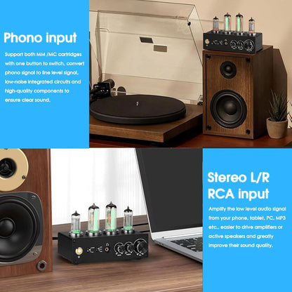 Phono-Voorversterker Met Buizen – Platenspeler Voorversterker – RIAA Voorversterker – MM/MC Voorversterker – Hifi Voorversterker – 3,5 Mm Koptelefoonaansluiting – Treble En Bassregeling
