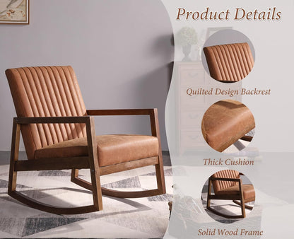 chairus Schommelstoel voor woonkamer PU-lederen leesfauteuil gestoffeerd accent relaxstoel met houten poten (bruin)
