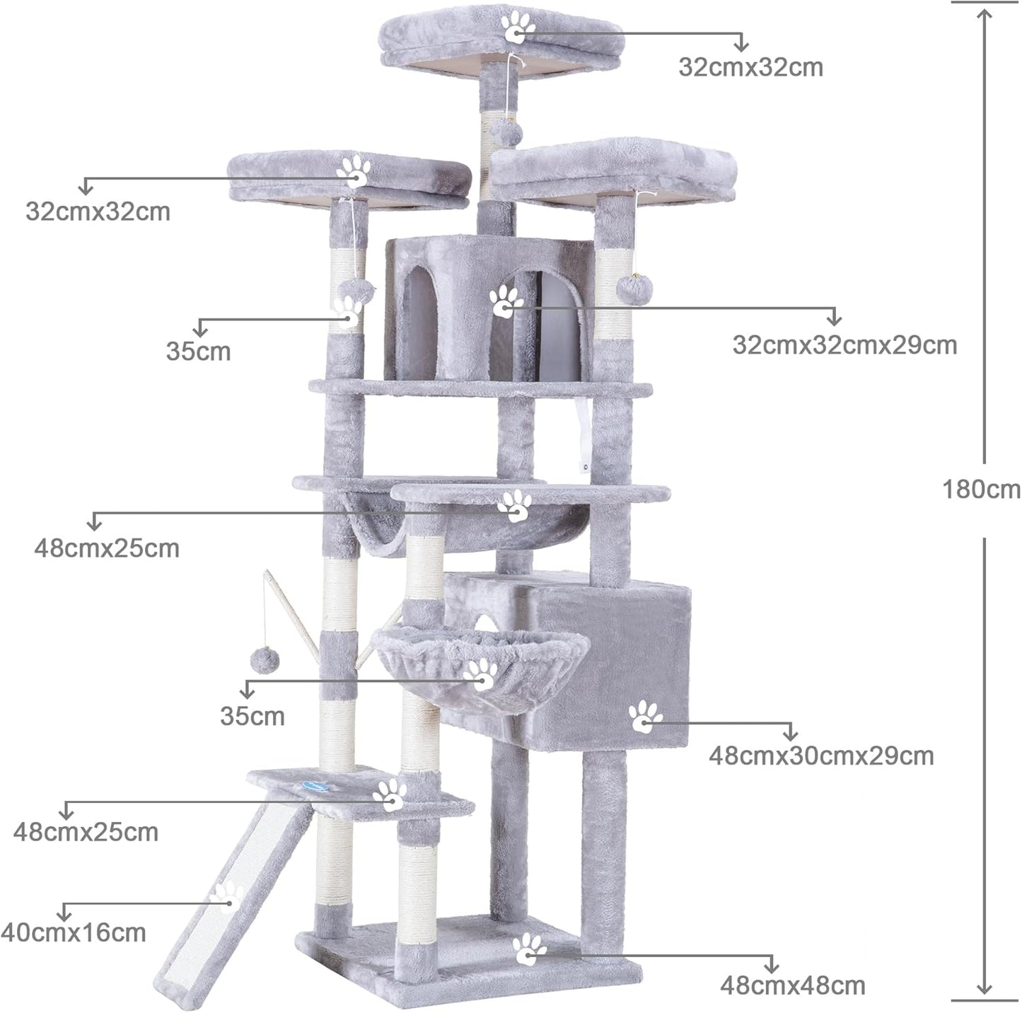 Krabpaal XXL voor Grote Katten – Kattentoren – Kattenboom – Kattenmeubel – Klimboom – Lichtgrijs – 180 cm Hoog – Met Groot Krabvlak en Sisaltouw
